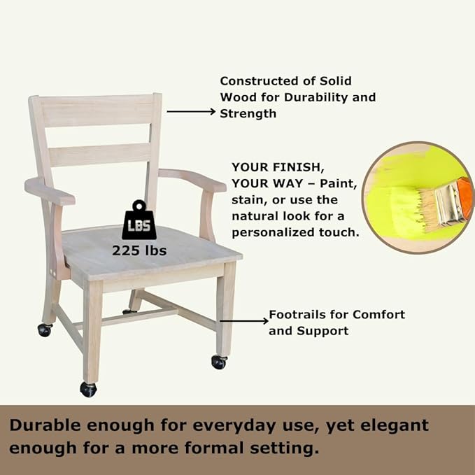 IC International Concepts Dining Chair with Casters, 225lbs wt Capacity, Solid Real Wood, Sturdy Parawood, 24.4"W x 22"D x 35"H, DIY, Paint/Stain Ready, Unfinished