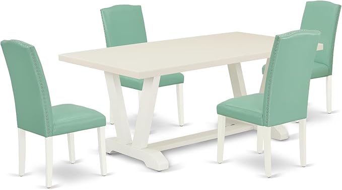 East West Furniture V027EN257-5 5 Piece Dining Set Includes a Rectangle Dining Room Table with V-Legs and 4 Pond Faux Leather Upholstered Chairs, 40x72 Inch, Multi-Color