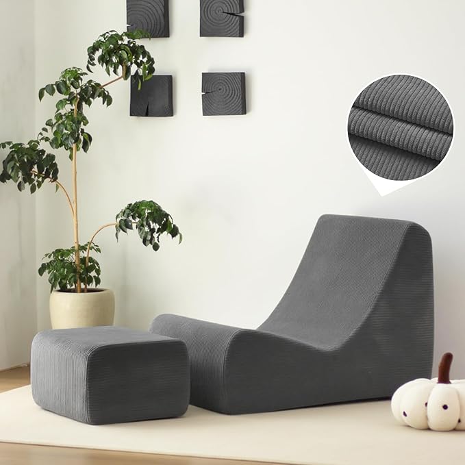N&V Bean Bag Chair Single Seated Foam Sofa Armless Floor Sofa with High Density Foam Removable and Machine Washable Cover (Grey, Large, Corduroy Stripes)