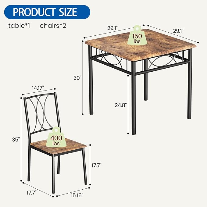 GarveeHome Small Dining Table Set for 2, Square Table and Chairs Set of 2, 3 Piece Kitchen Table Set of 2 with Upholstered Chairs, Dinner Table Set for 2 for Small Spaces, Apartment, Rustic Brown