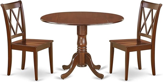 East West Furniture DLCL3-MAH-W 3 Piece Dining Table Set for Small Spaces Contains a Round Dining Room Table with Dropleaf and 2 Wooden Seat Chairs, 42x42 Inch, Mahogany