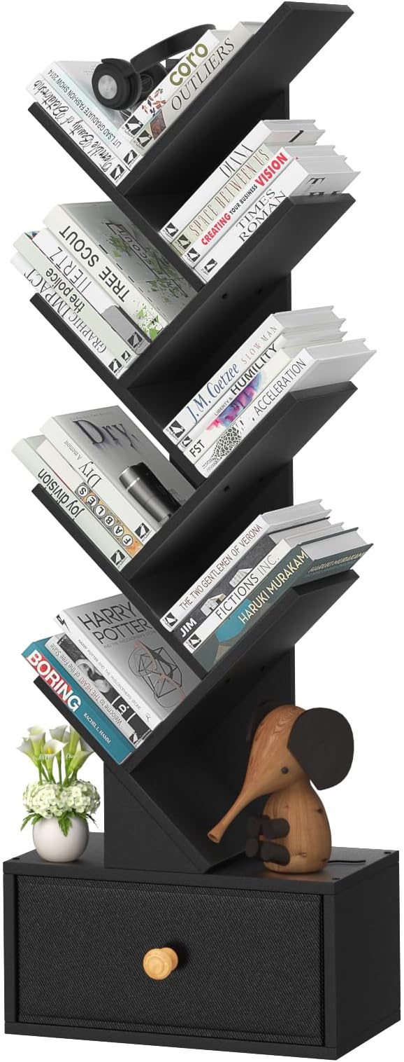 8 Tier Tree Bookshelf with Drawer, Free Standing Wood Bookcase for Living Room, Bedroom, Home Office, Space Saving Storage Organizer Bookshelves for Books, CDs, Vinyl Records- Black