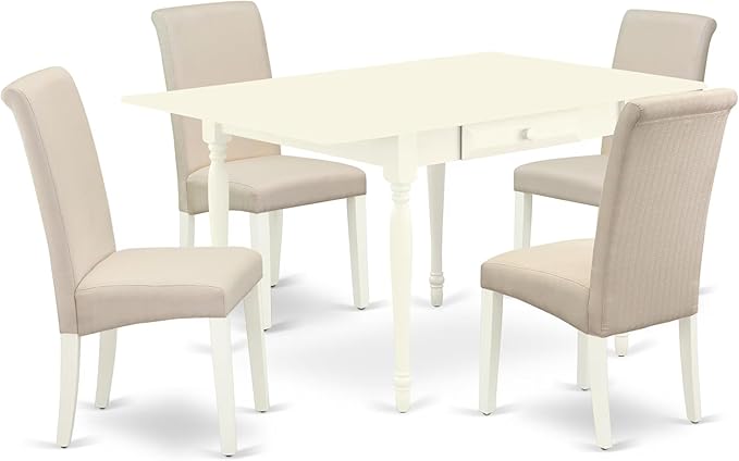 East West Furniture MZBA5-LWH-01 5 Piece Dinette Set Includes a Rectangle Dining Room Table with Dropleaf and 4 Cream Linen Fabric Upholstered Parson Chairs, 36x54 Inch, Linen White