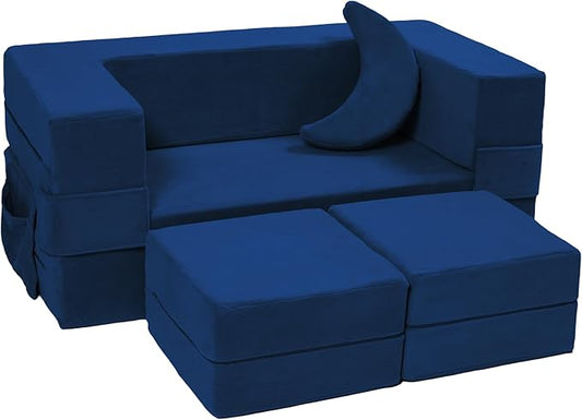 Modular Kids Sofa,Toddler Couch Foam Armchair for Kids, Children Convertible Plush Sofa Play Set,Fold Out SofaBed(Navy)