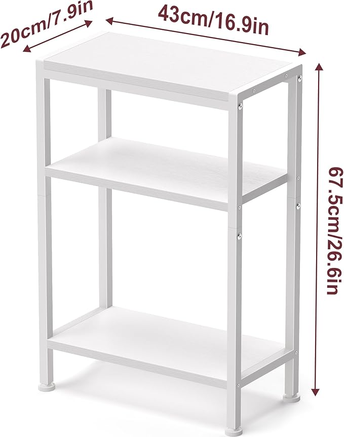 Narrow Side Table for Small Space, 3-Tier Small End Table with Shelf Holder, Slim Nightstand, Skinny Snack Couch Table in Living Room, Bedroom, Study, Kitchen and Balcony (White)