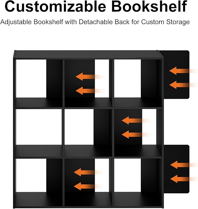 Sweetcrispy 9 Cube Storage Organizer - Open Cube Bookshelf with 5 Removable Back Panels, Display Storage Bookcase for Living Room, Bedroom, Entrance Hall, Home Office，36" L×11.6" W×36" H, Black