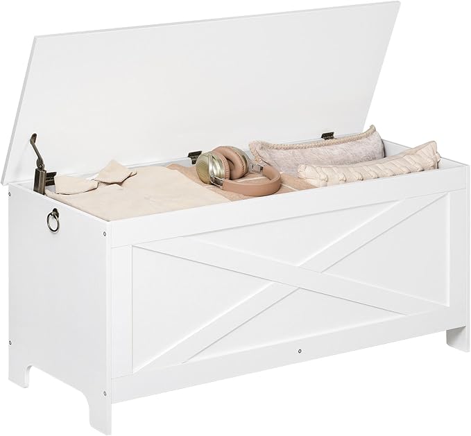 43.3" Toy Chest, Sturdy Entryway Storage Chest with Safety Hinges, Retro Toy Box, Wooden Look Accent Furniture for Living Room, Bedroom, White SCWT48501