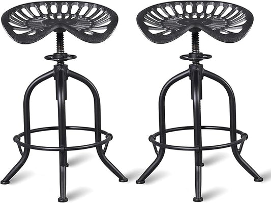 Industrial Bar Stool Farmhouse Tractor Saddle Stool Kitchen Counter Height Adjustable Bar Stool Metal Bar Stool 19.6-24 Inch Pub Bar Stool,Set of 2, Black