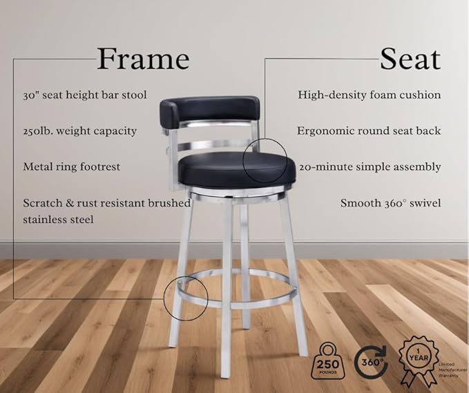 Armen Living Madrid 30" Seat Height Swivel Modern Black Faux Leather and Brushed Stainless Steel Bar Stool for Kitchen Island Counter