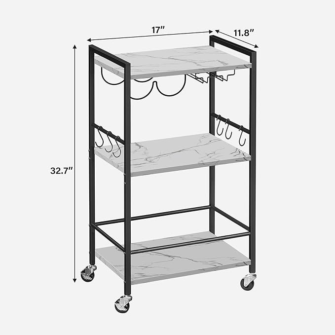 TUTOTAK Bar Cart, Home Bar Serving Cart, Small Wine Cart with 3-Tier Shelf, Beverage cart, Drink Cart with Wine Rack and Glass Holder, Rolling bar carts for Home, Living Room, Marble White BC01BM035