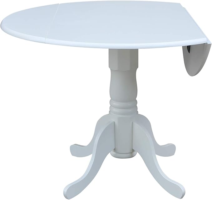 IC International Concepts, 42" Round Dual Drop Leaf Pedestal Dining Table, Solid Real Wood, Sturdy Parawood, White
