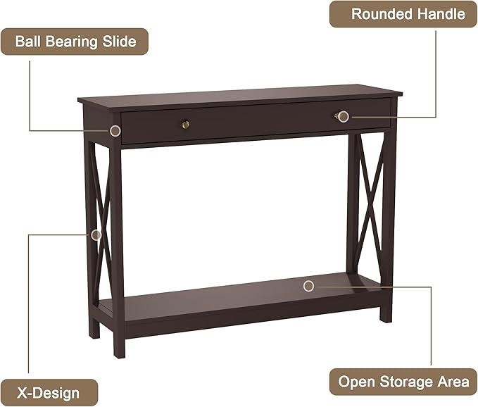 Treocho Black Console Table with Drawer and Storage Shelves, Foyer Sofa Table Narrow for Entryway, Living Room, Hallway