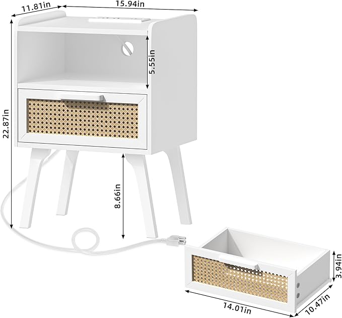 Lerliuo Rattan Nightstands Set of 2 with Charging Station, White Bedside Table with Drawer Open Shelf, Cane Accent Side End Table with Solid Wood Legs, Night Stand for Bedroom, Dorm and Small Spaces