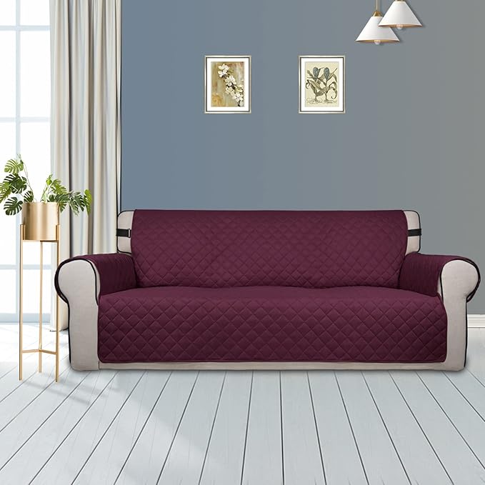 PureFit Reversible Sofa Couch Cover Water Resistant Couch Covers for 3 Cushion, Washable Furniture Cover with Non-Slip Foam and Adjustable Strap for Dogs, Pets (Oversized Sofa, Wine/Beige)