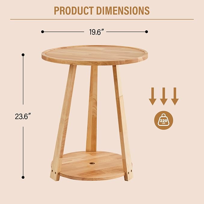CozyDH Round End Table, Wooden Narrow/Little Coffee/Sofa/Couch SideTable with Lower Shelf for Living Room Bedroom, Solid Wood Bedside Nightstand, Natural
