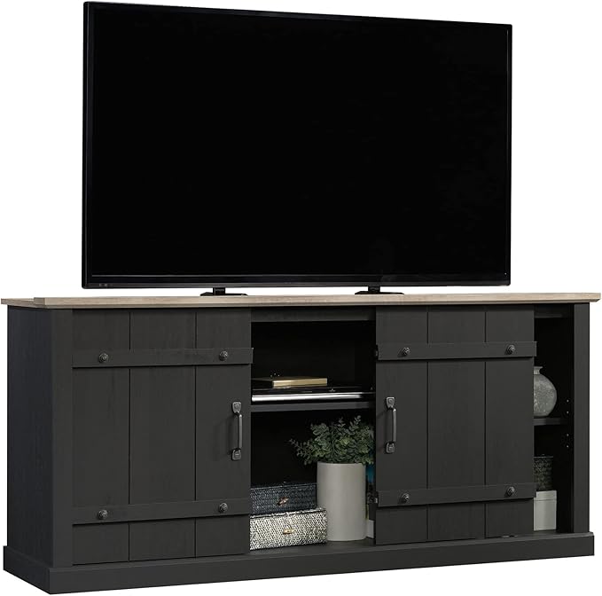 Sauder Misc Entertainment Farmhouse TV Stand, for TVs up to 70", Raven Oak Finish