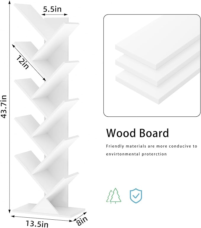 10 Tier Tree Book Shelf, Floor Standing Wood Bookshelf for Narrow Space, Storage Organizer Bookshelves for Books/CDs/Magazine, Bookcase with Shelves for Home Office, Living Room - White