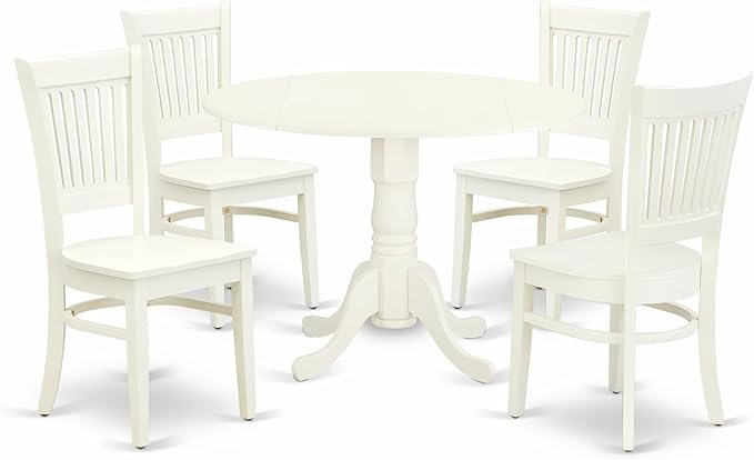 East West Furniture DLVA5-LWH-W 5 Piece Kitchen Table & Chairs Set Includes a Round Dining Room Table with Dropleaf and 4 Dining Chairs, 42x42 Inch, Linen White