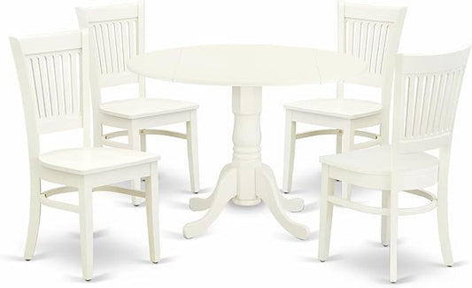 East West Furniture DLVA5-LWH-W 5 Piece Kitchen Table & Chairs Set Includes a Round Dining Room Table with Dropleaf and 4 Dining Chairs, 42x42 Inch, Linen White