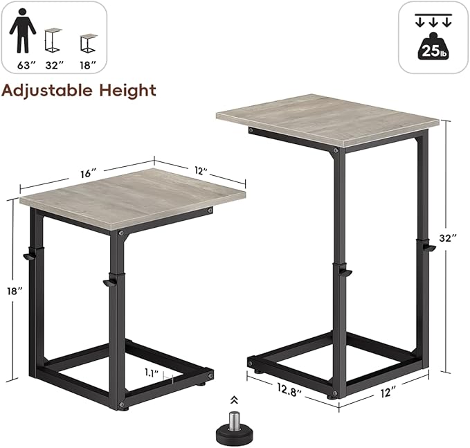 Vagusicc C Shaped End Table, 33" Tall Couch Table Adjustable Height Side Table, Sofa Table That Slide Under, C Table End Table TV Tray Coffee Arm Table for Living Room, Bedroom, Small Spaces, Gray