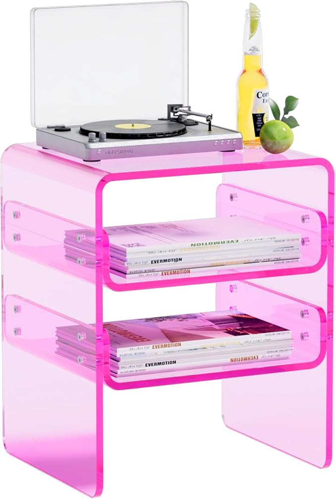 Clear Acrylic 3-Tier End Table/Nightstand – Sleek Bedside Storage with Durable Design, Perfect for Bedrooms, Living Rooms, or Modern Interiors – Ideal as a Bedside Table or Sofa Side Piece (Pink)