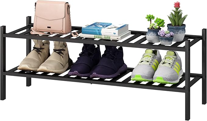 Black Shoe Rack, 2-Tier Long Shoe Rack for Entryway, Bamboo Wood Shoe Shelf for Closet & Hallway, Long 33IN | Beautiful | Functional | Sturdy | Durable