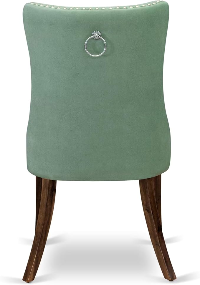 LEDA9-AWA-22 9-Piece Modern Dining Table Set Includes a Kitchen Table and 8 Willow Green Polyester Fabric Dinner Chairs with Button Tufted Back - Antique Walnut Finish
