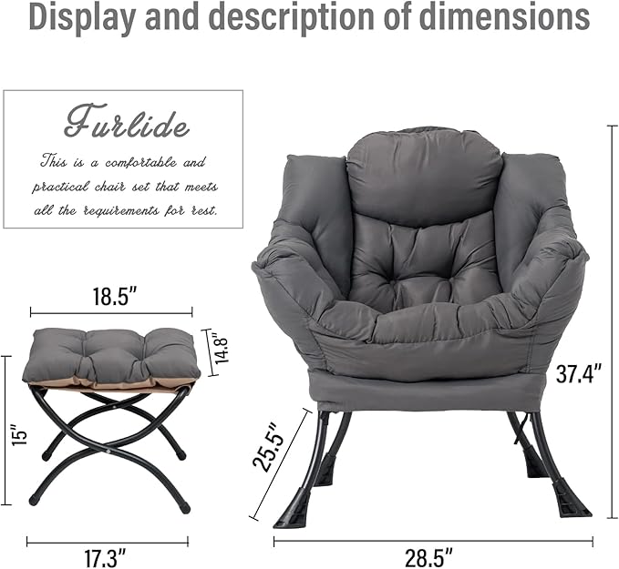 Lazy Chair with Ottoman, Modern Chair with Folding Footrest, Lounge Accent Chair, Comfortable Reading Chair, Oversized Armchairs for Bedroom, Study, Living Room, Courtyard (Dark Grey)