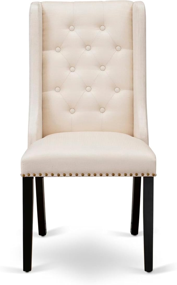 NKFO7-SBB-01-7-Piece Dining Set Consists of a Dining Table and 6 Cream Linen Fabric Kitchen Chairs & Black Legs with Button Tufted Back - Sand Blasting Black Finish.
