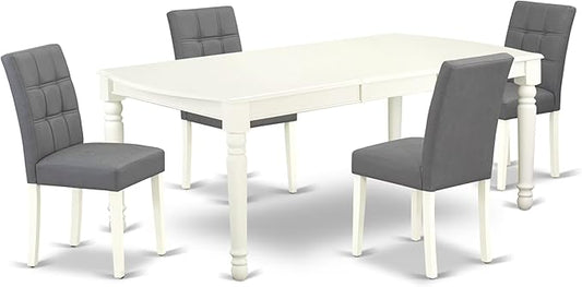 East West Furniture DOAS5-LWH-41 5 Piece Kitchen Table Set Includes A Dinner Table and 4 Platinum Gray Polyester Fabric Person Chairs with Stylish Back- Linen White Finish
