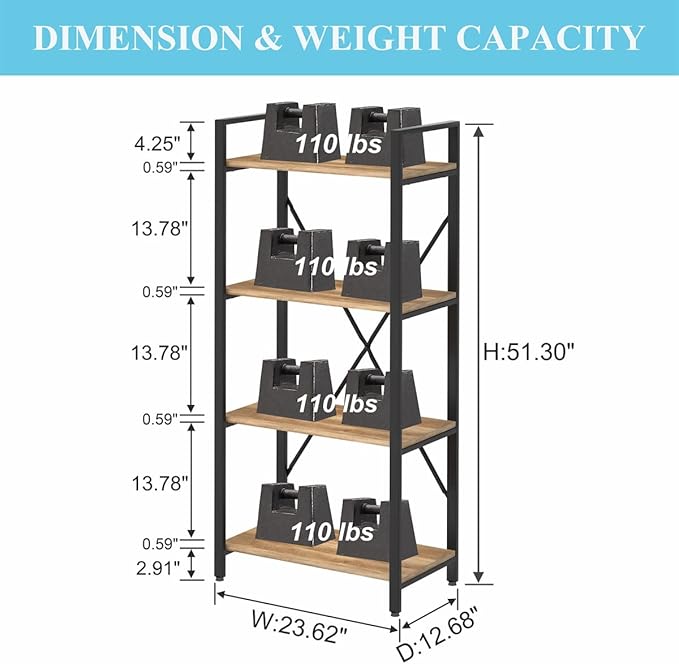 BON AUGURE Industrial 4 Tier Bookshelf, Modern Open Shelving Unit Book Shelves, Heavy Duty Etagere Bookcase, Wood Metal 4 Shelf Book Case for Office, Living Room and Bedroom (Vintage Oak)