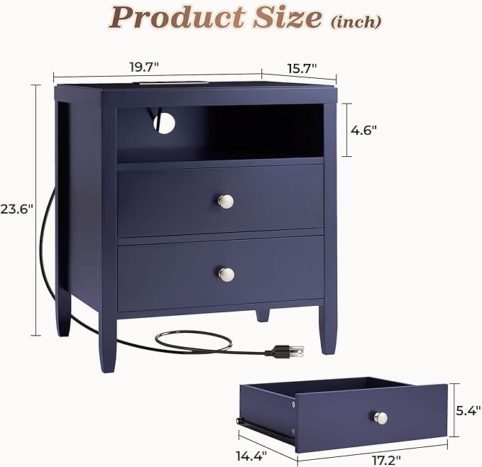 Huuger Blue Nightstand Set of 2, Night Stand with Charger Station, Bedside Table with 2 Drawers, Bed Side Tables for Bedroom, Modern Nightstands, Metal Knobs, Painted Surface