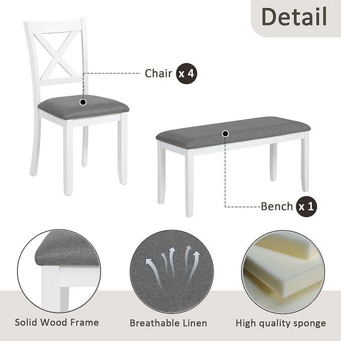 soges 6-Piece Kitchen Dining Table Set with Bench, Wood Dining Table Set for 6, Modern 6-Person Table Set for Dining Room, Kitchen, Grey & White