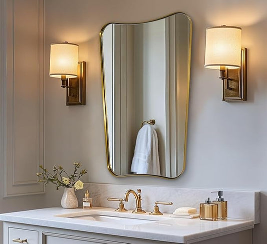 Gold Bathroom Mirror, Irregular Wall Mirror with Anti-Rust Metal Frame, 24x36 Butterfly Mirror for Wall Decor, Bedroom, Dining Room, Powder Room, Entryway, Mantel, Foyer