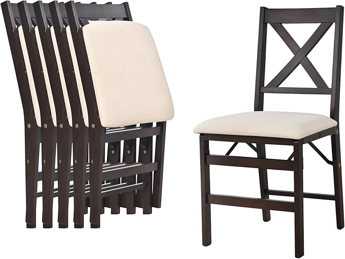 COLAMY Folding Dining Chairs Set of 6 – Beige Upholstered Wooden Dining Room Chairs for Kitchen & Small Spaces, Mid Century Modern Design, Space-Saving, No Assembly Required