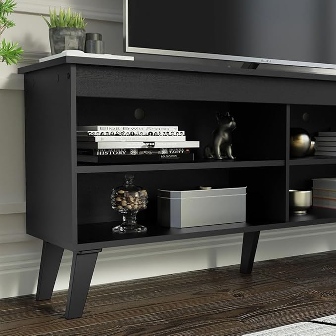 Madesa Compact TV Stand Cabinet with 4 Shelves and Cable Management for 50, 55 Inch TV Media Storage Unit Living Room and Bedroom Modern Wooden Television Media Console - Black