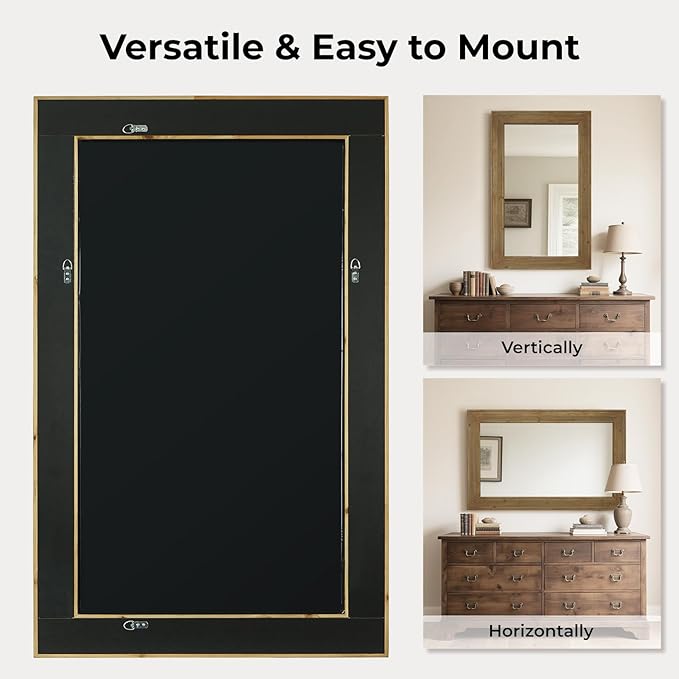 WallBeyond Rustic Wood Framed Mirror, 30" x 48" Farmhouse Decorative Wall Mirror, Vintage Solid Wood Rectangular for Bathroom, Entryway & Living Room, Natural