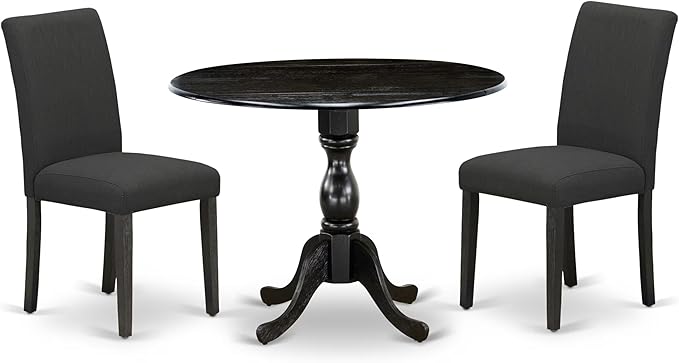 East West Furniture DMAB3-ABK-24 3 Piece Modern Dining Table Set Contains a Round Wooden Table with Dropleaf and 2 Black Color Linen Fabric Upholstered Chairs, 42x42 Inch, Wirebrushed Black