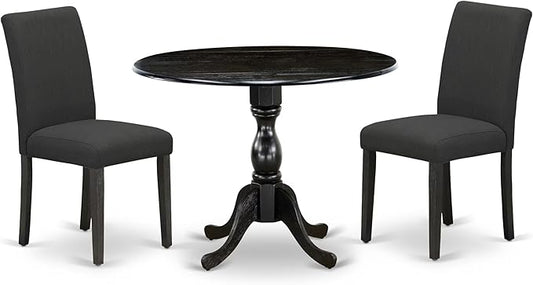 East West Furniture DMAB3-ABK-24 3 Piece Modern Dining Table Set Contains a Round Wooden Table with Dropleaf and 2 Black Color Linen Fabric Upholstered Chairs, 42x42 Inch, Wirebrushed Black
