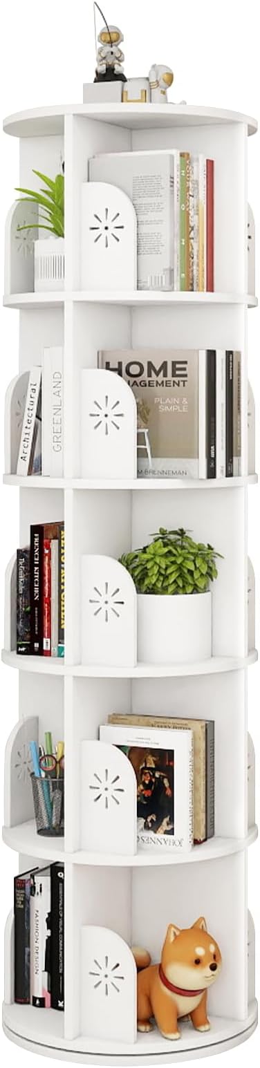 Hestiasko 5 Tier Rotating Bookshelf, 360 Rotating Bookcase, Spinning Bookshelf Tower for Kids & Adults, Corner Book Shelf for Small Space, Revolving Bookcase for Bedroom, Living Room, White