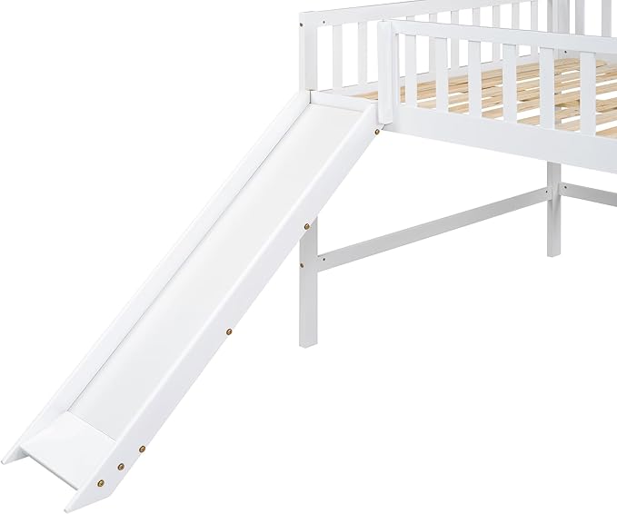Full Size Low Loft Bed with Ladder and Slide,Vertical Design Wooden Bed Frame, for Kids and Young Teens, No Box Spring Required,Space-Saving,White