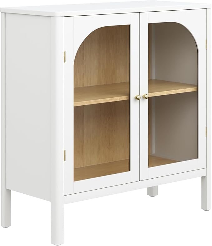 Nathan James Mason Wood Storage Cabinet Accent Sideboard Buffet Credenza TV Stand with Glass Doors and Adjustable Shelf for Dining Room, Entryway or Living Room, Clear Glass/White/Light Oak, Set of 3