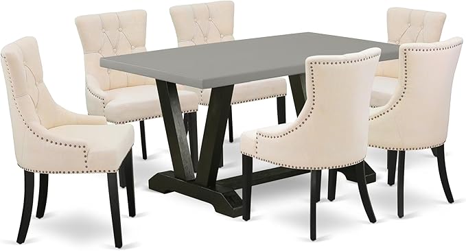 East West Furniture V696FR102-7 7 Piece Dinette Set Consist of a Rectangle Dining Room Table with V-Legs and 6 Light Beige Linen Fabric Upholstered Parson Chairs, 36x60 Inch, Multi-Color