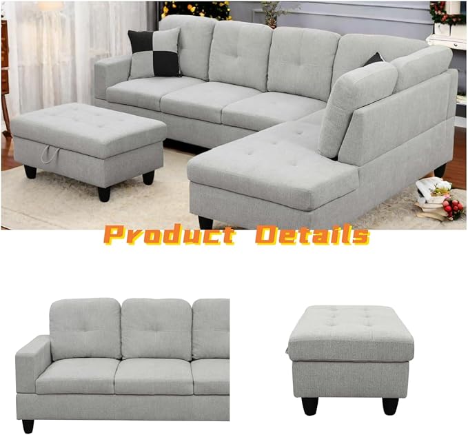 L Shaped Sectional Couch with Otttoman, 103" Sectional Sofa for Living Room Flannel Modular Couches with Cup Holders for Bedroom, Apartments, Light Grey