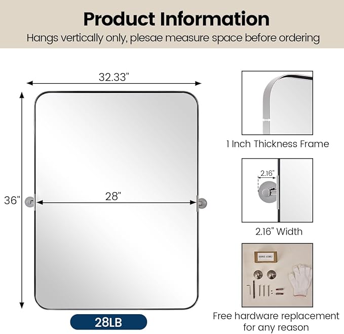 MOON MIRROR Chrome Pivot Rectangle Bathroom Mirror, Modern Tilt Rounded Rectangular Pivoting Vanity Mirrors for Wall, Stainless Steel Metal Polish Frame, Overall 32.33 x 36 in (Mirror 28x 36 in)