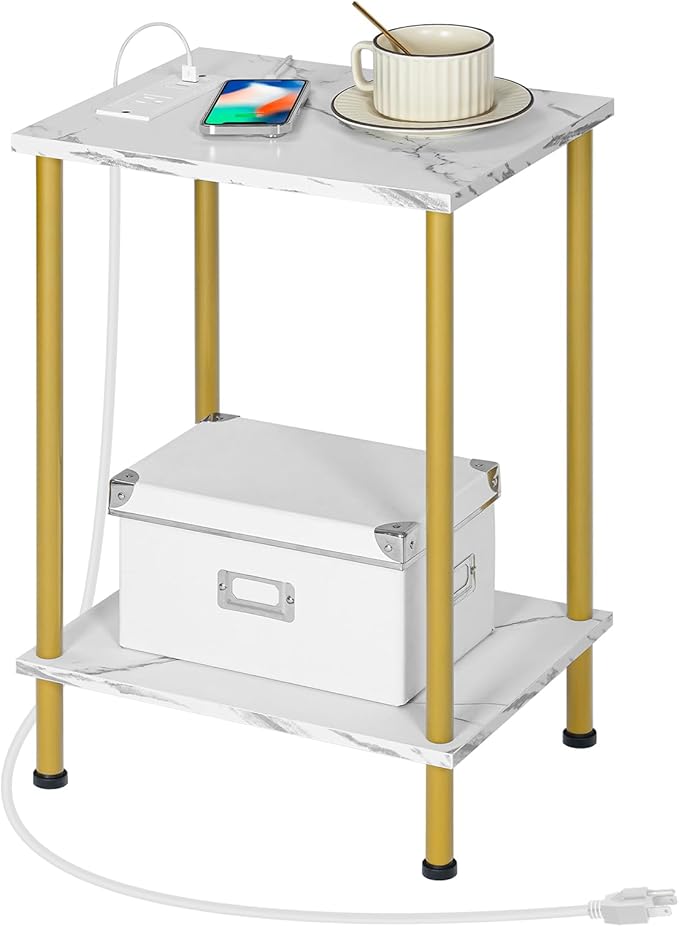 HOOBRO Side Table with Charging Station, Set of 2 End Tables with USB Ports and Outlet, Nightstand with 2-Layer Storage Shelves for Small Spaces, Living Room, Bedroom, Gold and Marble DM09UBZP201