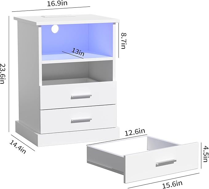 Nightstand with Charging Station, LED Lights Side Table with 3 Drawers, End Table for Bedroom Office White
