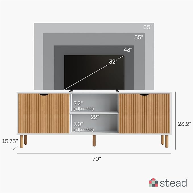 Fluted TV Stand & Entertainment Center - 70-Inch White & Oak - Supports 32-80-Inch TVs - Soft-Close Doors & Adjustable Shelves - Cord Management Media Console