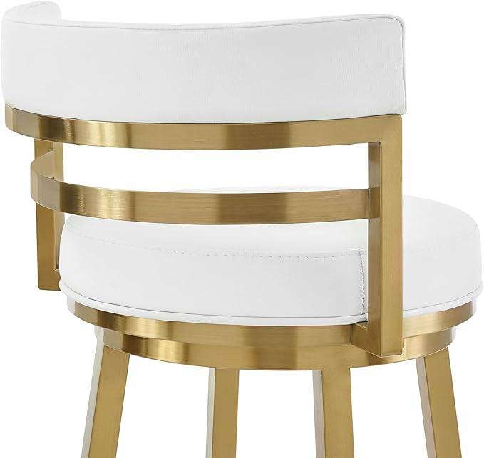 Armen Living Madrid 30" Seat Height Swivel Modern White Faux Leather and Gold Brushed Stainless Steel Bar Stool for Kitchen Island Counter