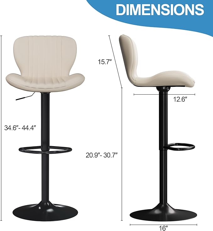 Shintenchi Bar Stools Set of 2 Modern Swivel Bar Chairs, Counter Height Faux Leather Metal Barstools, Upholstered Island Chairs with Back and Footrest, Beige